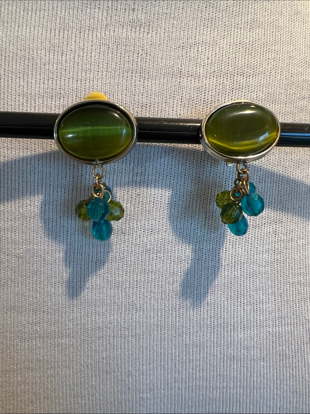 Green Oval Glass Dangle Earrings with Blue-Green Beads